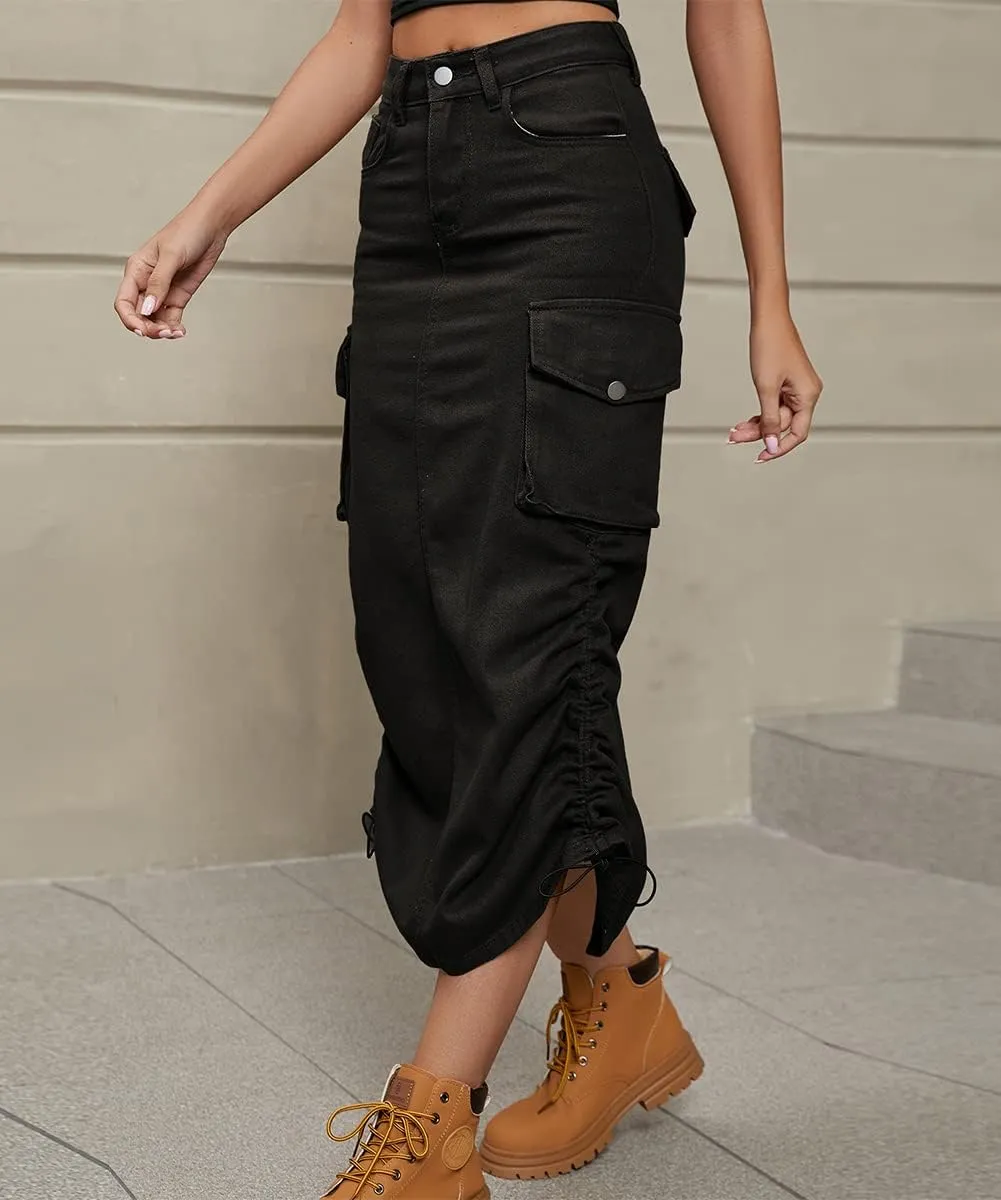 Women Cargo Denim Midi Skirt Y2k Vintage Ruched Drawstring Long Skirts with Pockets