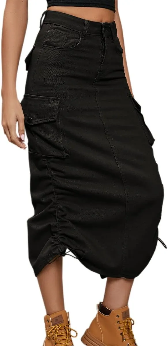 Women Cargo Denim Midi Skirt Y2k Vintage Ruched Drawstring Long Skirts with Pockets