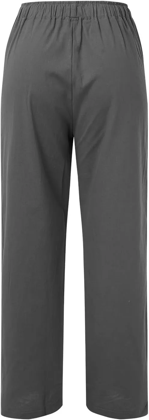 Women Casual Cotton Linen Pants Lightweight Summer Loose Fit Elastic Waist Plus Size Solid Lounge Long Trousers Beach Clothes