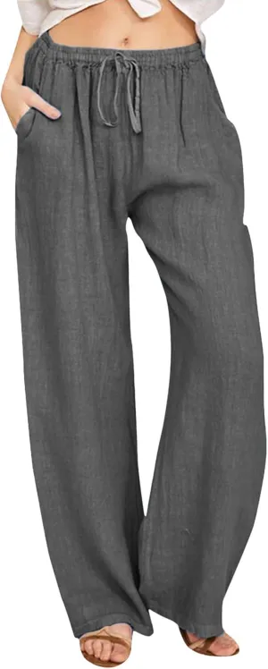 Women Casual Cotton Linen Pants Lightweight Summer Loose Fit Elastic Waist Plus Size Solid Lounge Long Trousers Beach Clothes