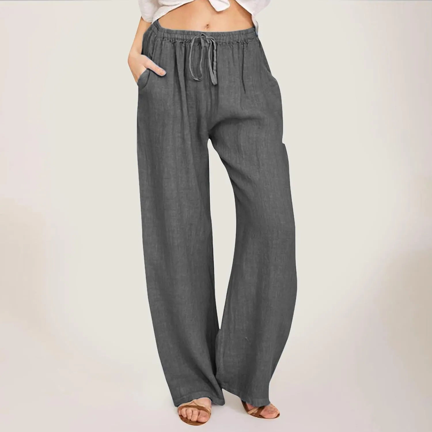 Women Casual Cotton Linen Pants Lightweight Summer Loose Fit Elastic Waist Plus Size Solid Lounge Long Trousers Beach Clothes