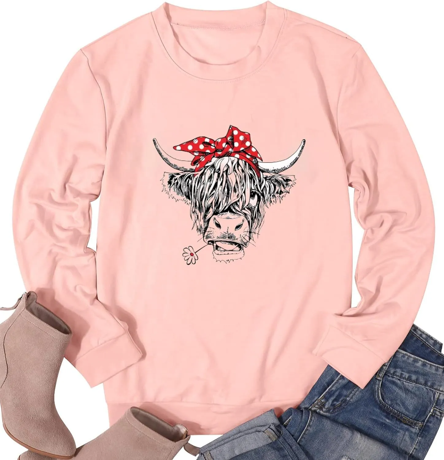 Women Cow Sweatshirt Funny Animal Graphic Long Sleeve Top Farm Life Pullover Western Cowgirl Casual Shirts