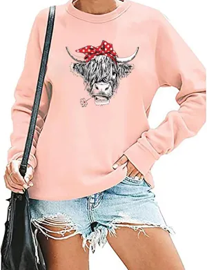 Women Cow Sweatshirt Funny Animal Graphic Long Sleeve Top Farm Life Pullover Western Cowgirl Casual Shirts