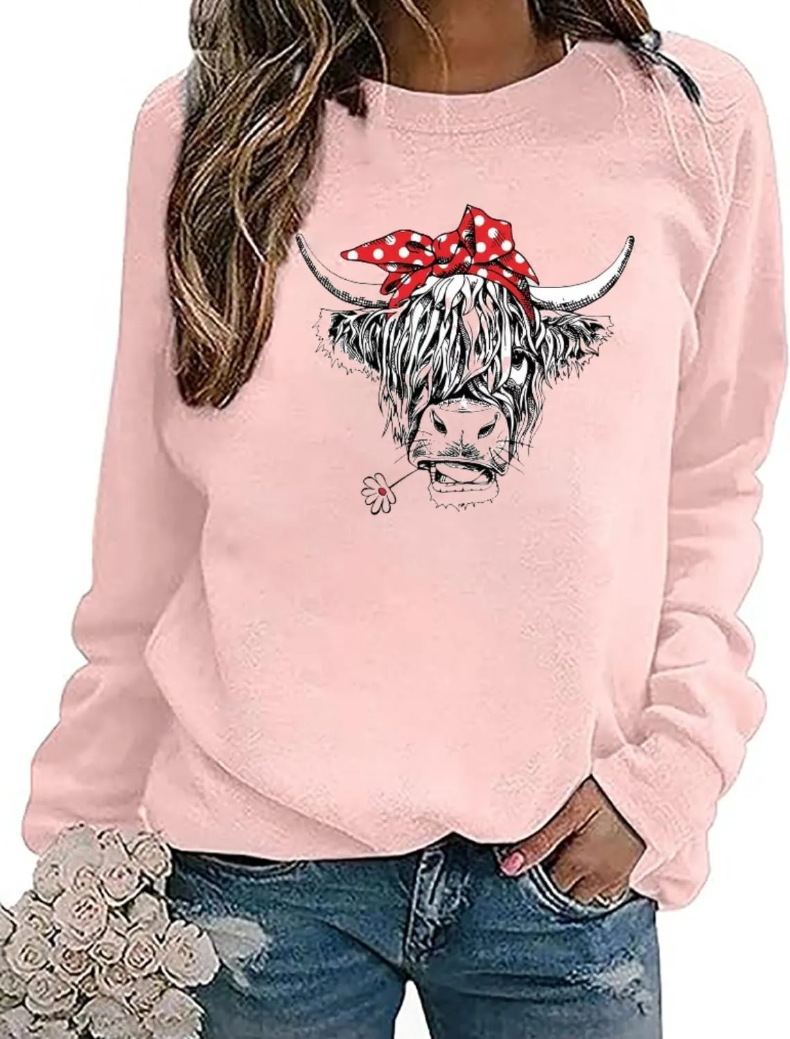 Women Cow Sweatshirt Funny Animal Graphic Long Sleeve Top Farm Life Pullover Western Cowgirl Casual Shirts