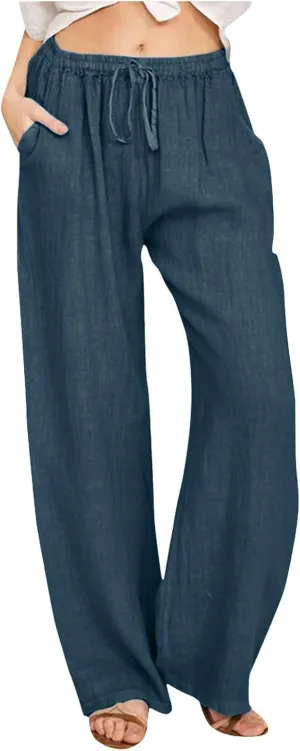 Women High Waisted Wide Leg Pants Fashion Drawstring Elastic Trousers Comfy Straight Leg Long Pants with Pockets