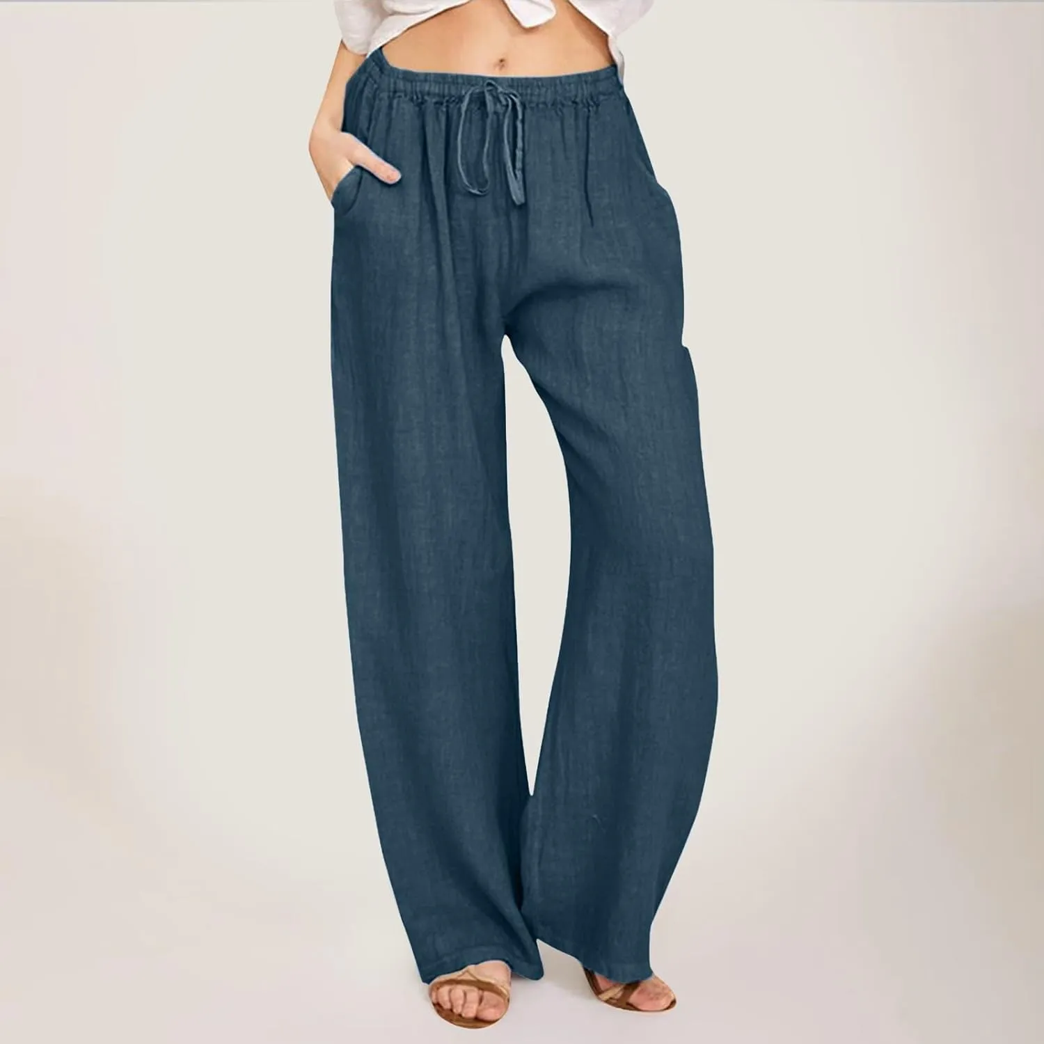 Women High Waisted Wide Leg Pants Fashion Drawstring Elastic Trousers Comfy Straight Leg Long Pants with Pockets