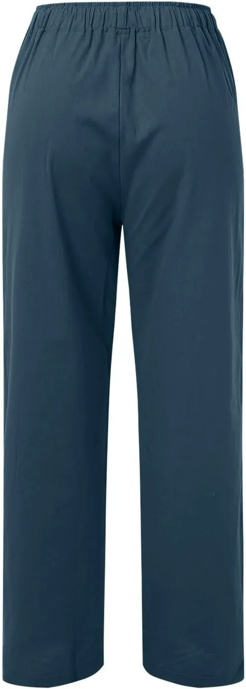 Women High Waisted Wide Leg Pants Fashion Drawstring Elastic Trousers Comfy Straight Leg Long Pants with Pockets