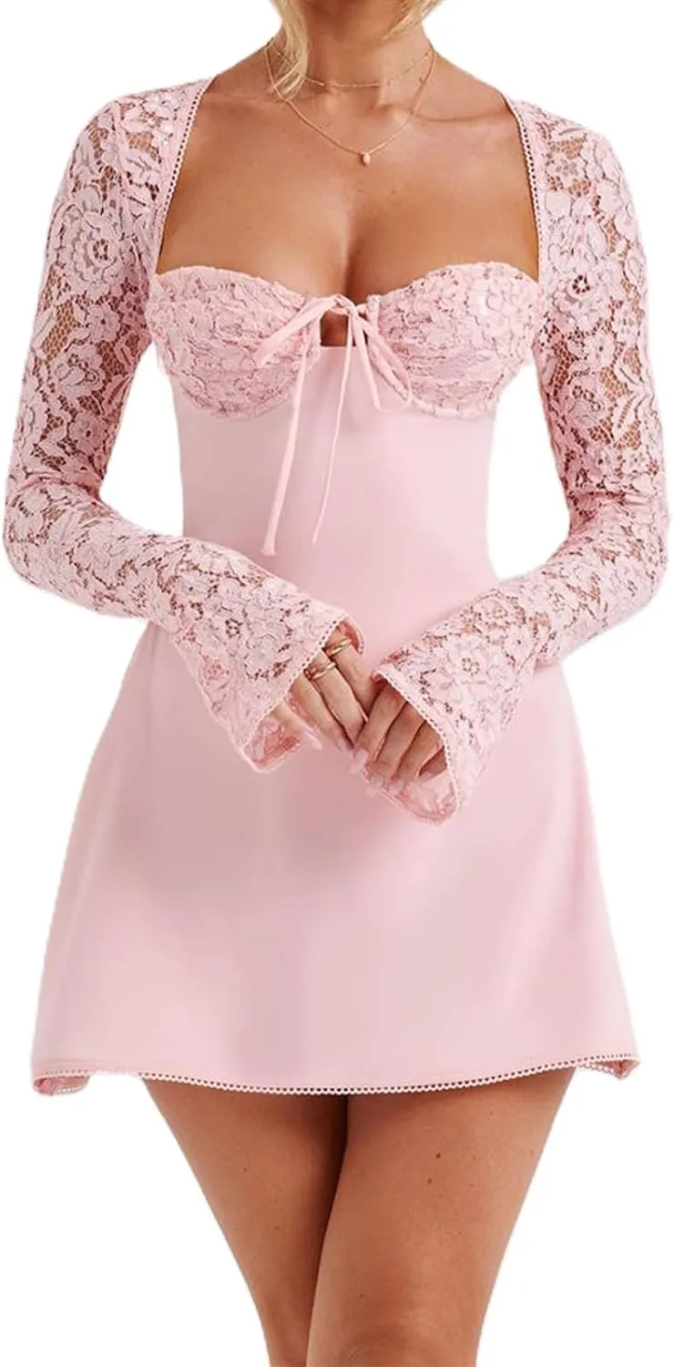 Women Lace Long Sleeve Mini Dress Y2K Floral Lace Patchwork Tie Up Low-Cut Backless Party Short Cami Dress