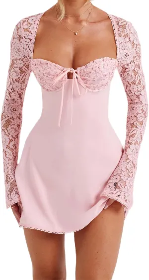 Women Lace Long Sleeve Mini Dress Y2K Floral Lace Patchwork Tie Up Low-Cut Backless Party Short Cami Dress