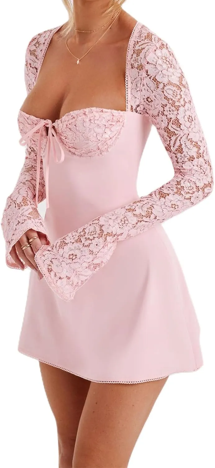 Women Lace Long Sleeve Mini Dress Y2K Floral Lace Patchwork Tie Up Low-Cut Backless Party Short Cami Dress