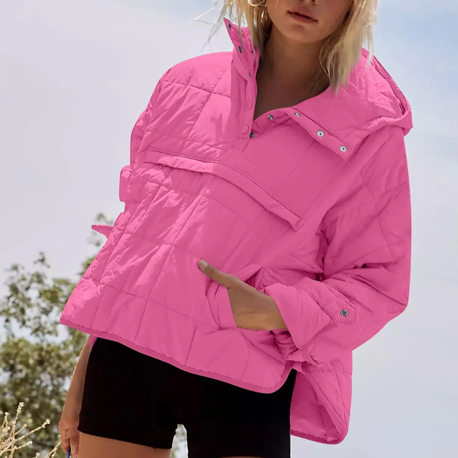 Women Quilted Pullover Packable Puffer Jacket Long Sleeve Quarter Snap Oversized Hoodie Winter Hooded Padded Coat