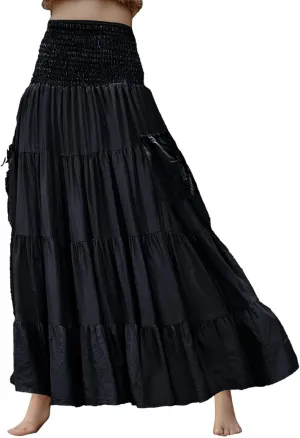 Women Ruffle Maxi Skirt 2025 Casual Boho Flowy Swing Tiered Flared A-Line Pleated Elastic Waist Midi Beach Dress,A002Black,XL