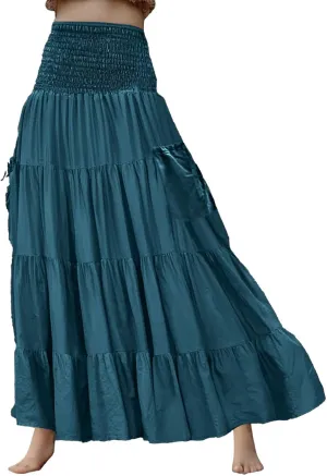 Women Ruffle Maxi Skirt 2025 Casual Boho Flowy Swing Tiered Flared A-Line Pleated Elastic Waist Midi Beach Dress,A005Blue,M