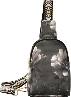 Women Sling Bag with Adjustable Strap Zipper Closure-Luxurious White Flower Print, PU Leather Water Resistant Crossbody Fanny Pack Purse Chest Bag