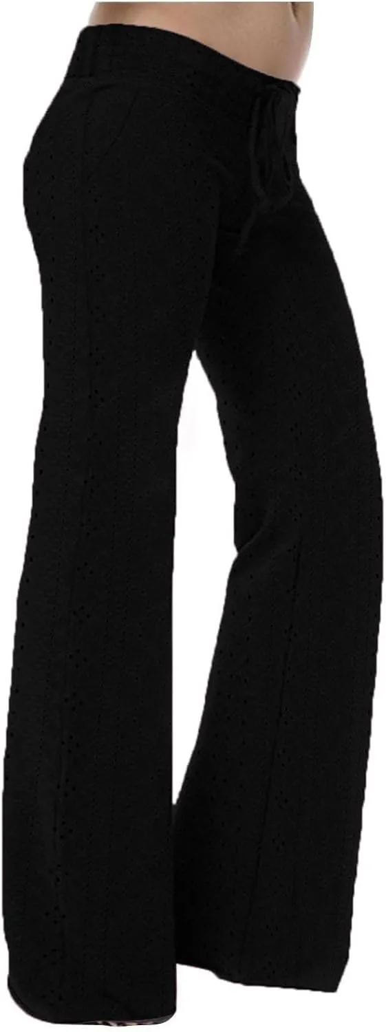 Women Straight Leg Pants Breathable Hollow Out Eyelets Wide Leg Pants Drawstring High Waist Pant Casual Yoga Trousers