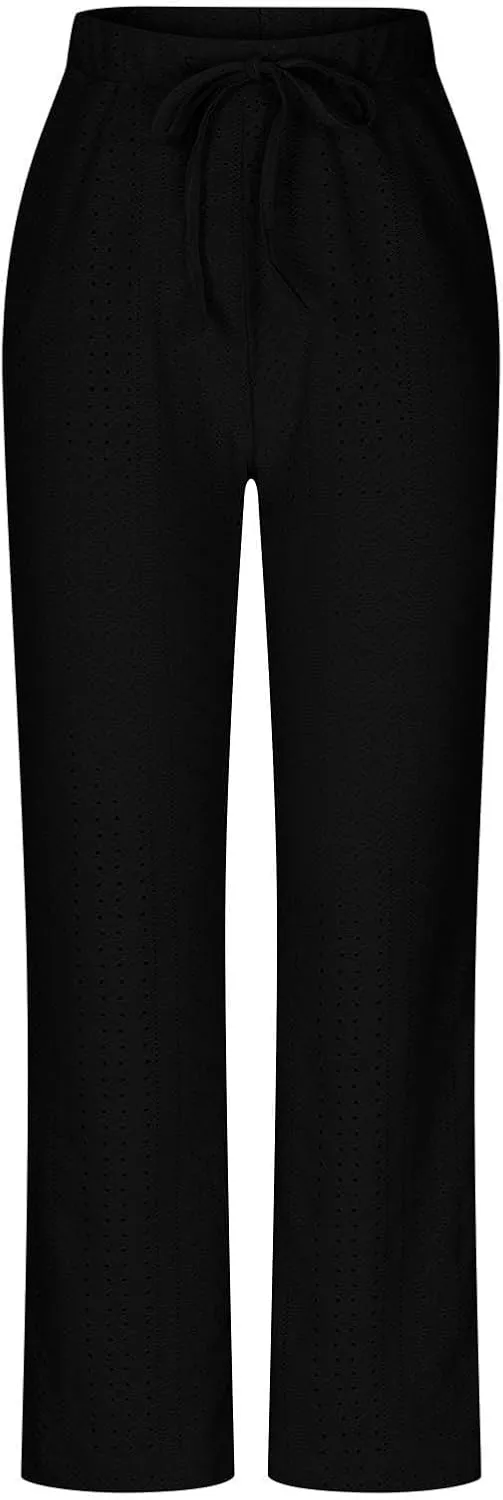 Women Straight Leg Pants Breathable Hollow Out Eyelets Wide Leg Pants Drawstring High Waist Pant Casual Yoga Trousers