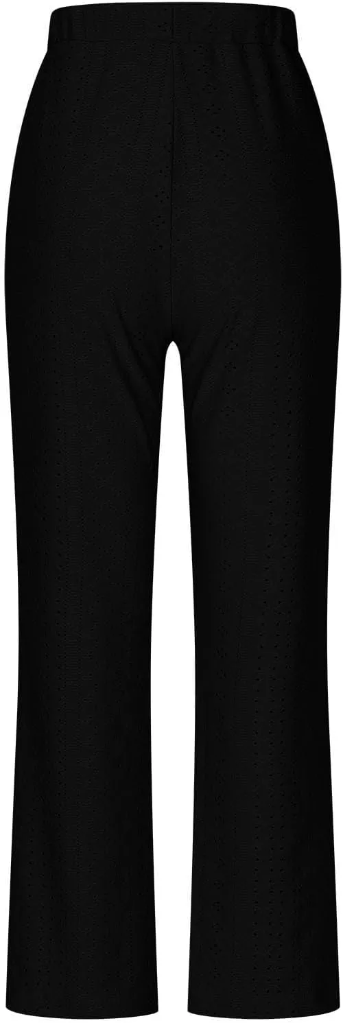 Women Straight Leg Pants Breathable Hollow Out Eyelets Wide Leg Pants Drawstring High Waist Pant Casual Yoga Trousers