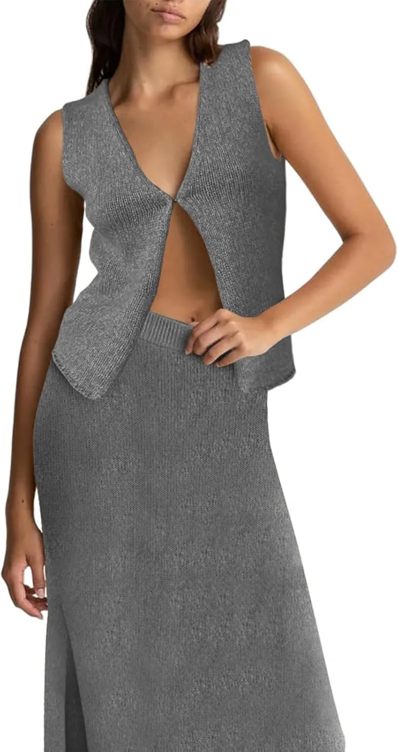 Women Summer 2 Piece Skirt Outfit V Neck Button Tank Top Vest Bodycon Knit Maxi Long Skirt Set Waffle Dress Suit