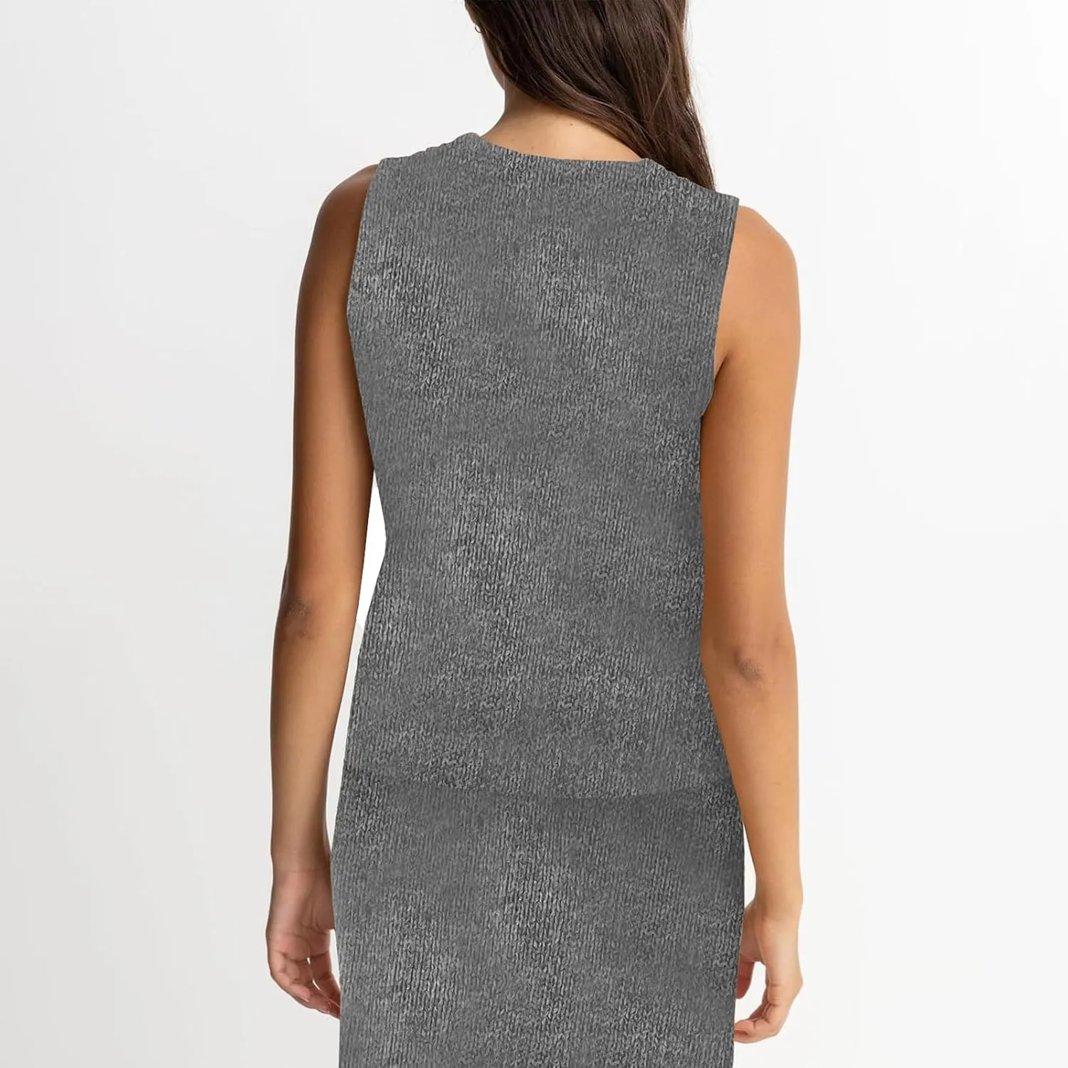 Women Summer 2 Piece Skirt Outfit V Neck Button Tank Top Vest Bodycon Knit Maxi Long Skirt Set Waffle Dress Suit