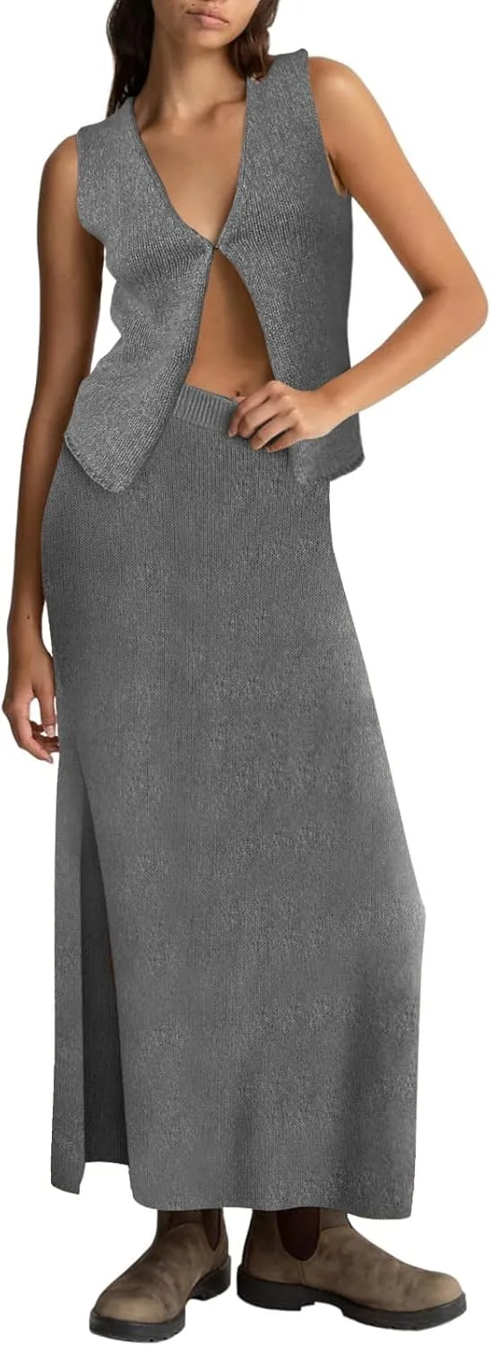Women Summer 2 Piece Skirt Outfit V Neck Button Tank Top Vest Bodycon Knit Maxi Long Skirt Set Waffle Dress Suit