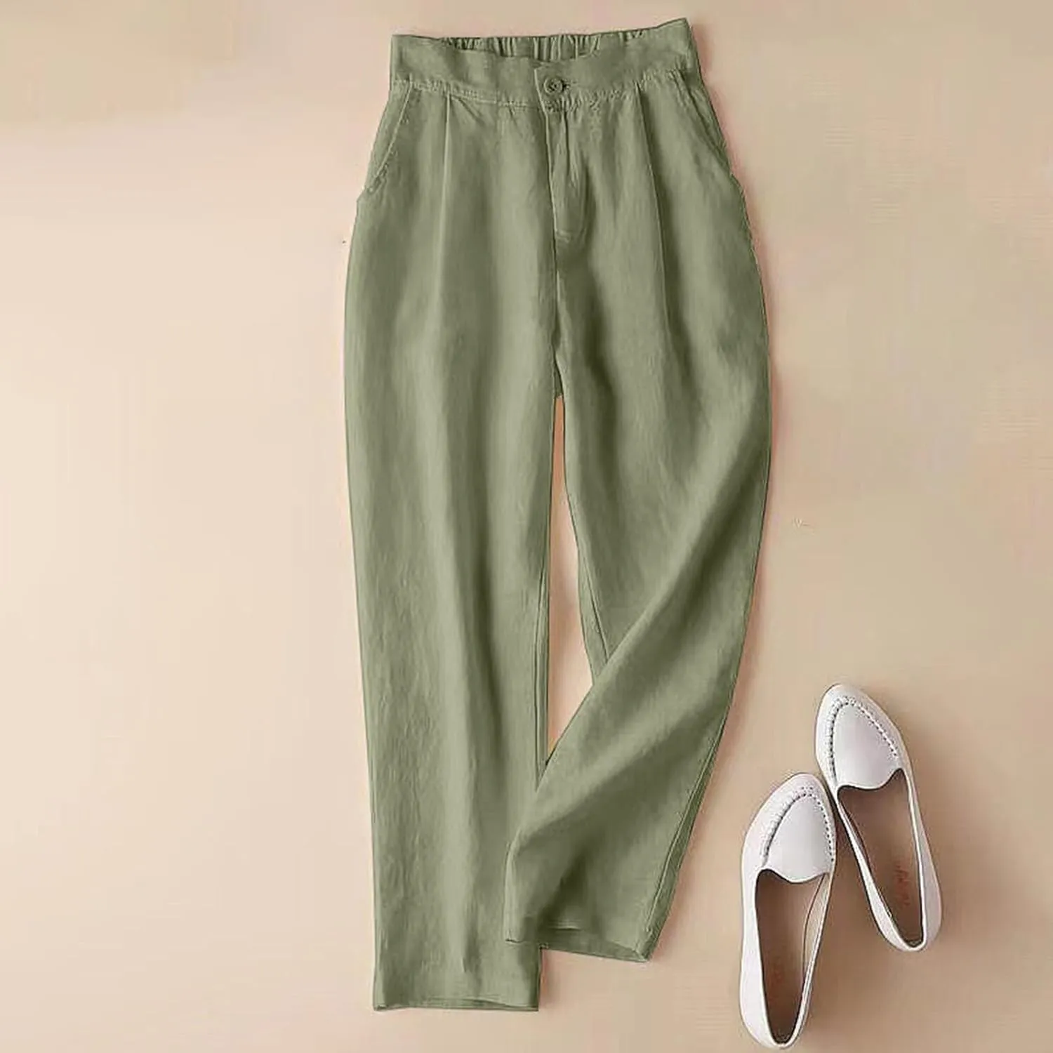 Women Summer Cotton Linen Pants 2024 Trendy Elastic Waistband Wide Leg Trousers Resort wear Clothes with Pockets