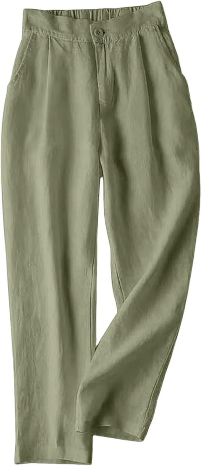 Women Summer Cotton Linen Pants 2024 Trendy Elastic Waistband Wide Leg Trousers Resort wear Clothes with Pockets