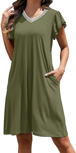 Women Summer Dresses 2025 Ruffle Sleeve Casual Sundress Color Block V Neck Coverup Mini Beach Dress with Pockets