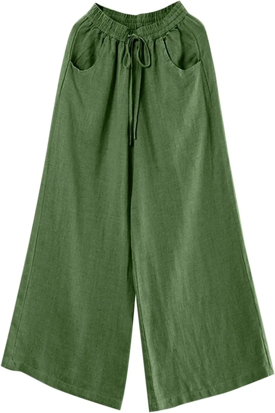 Women Summer Pants Elastic High Waisted Palazzo Trousers Linen Cotton Drawstring Casual Loose Wide Leg Pant with Pockets