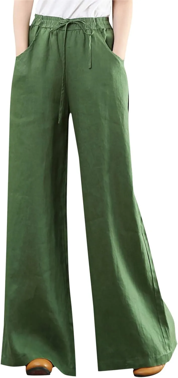 Women Summer Pants Elastic High Waisted Palazzo Trousers Linen Cotton Drawstring Casual Loose Wide Leg Pant with Pockets
