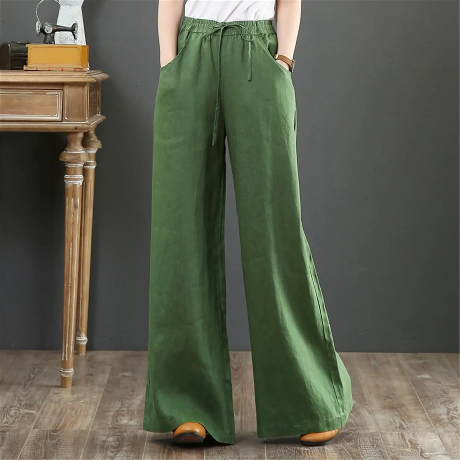 Women Summer Pants Elastic High Waisted Palazzo Trousers Linen Cotton Drawstring Casual Loose Wide Leg Pant with Pockets