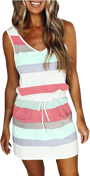 Women Summer Striped Dress Casual Sleeveless Halter Strap Drawstring Sundresses 2025 Flowy Boho Dress with Pockets