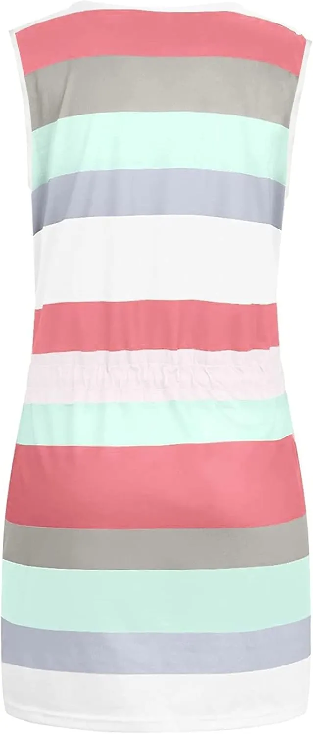 Women Summer Striped Dress Casual Sleeveless Halter Strap Drawstring Sundresses 2025 Flowy Boho Dress with Pockets