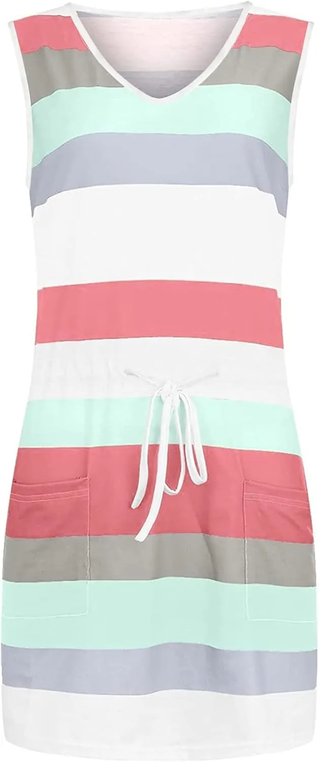 Women Summer Striped Dress Casual Sleeveless Halter Strap Drawstring Sundresses 2025 Flowy Boho Dress with Pockets
