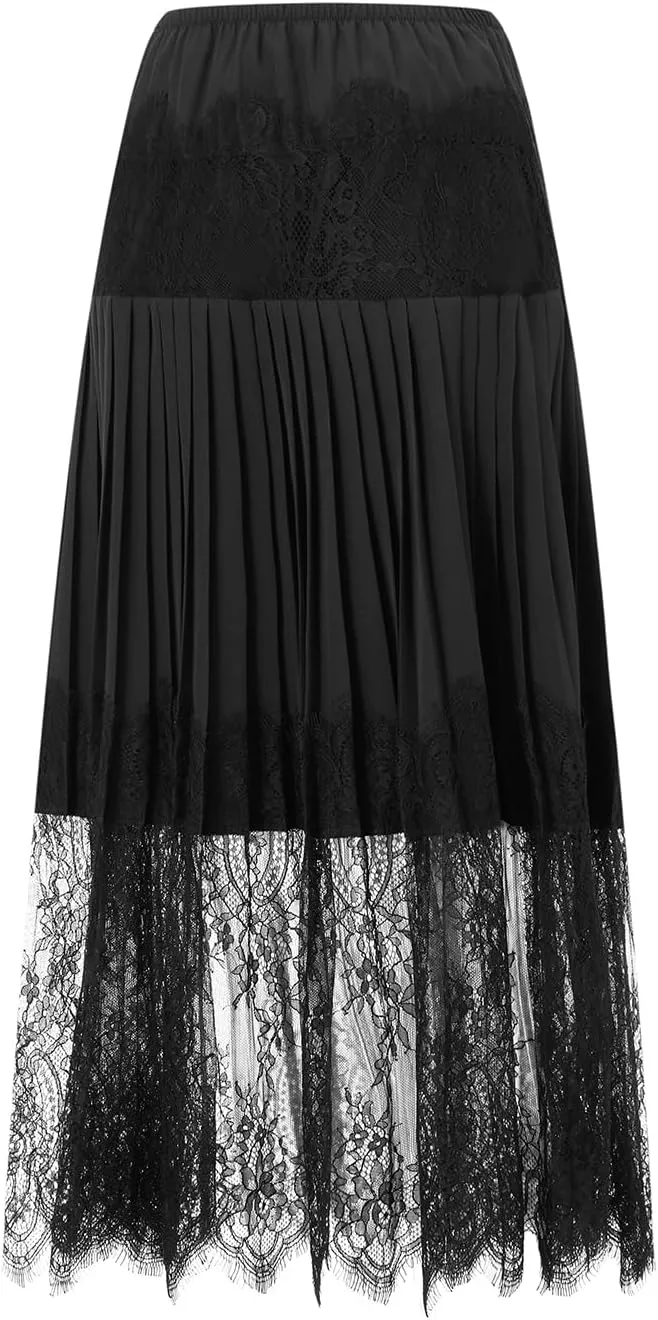 Women Y2k Lace Pleated Skirt Vintage Floral Sheer Elastic A-Line Midi Skirt Going Out Maxi Skirt Beach Vacation Skirt