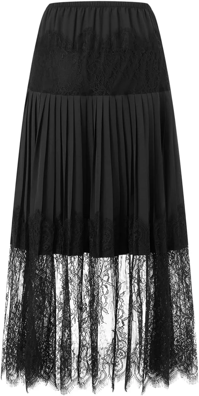 Women Y2k Lace Pleated Skirt Vintage Floral Sheer Elastic A-Line Midi Skirt Going Out Maxi Skirt Beach Vacation Skirt