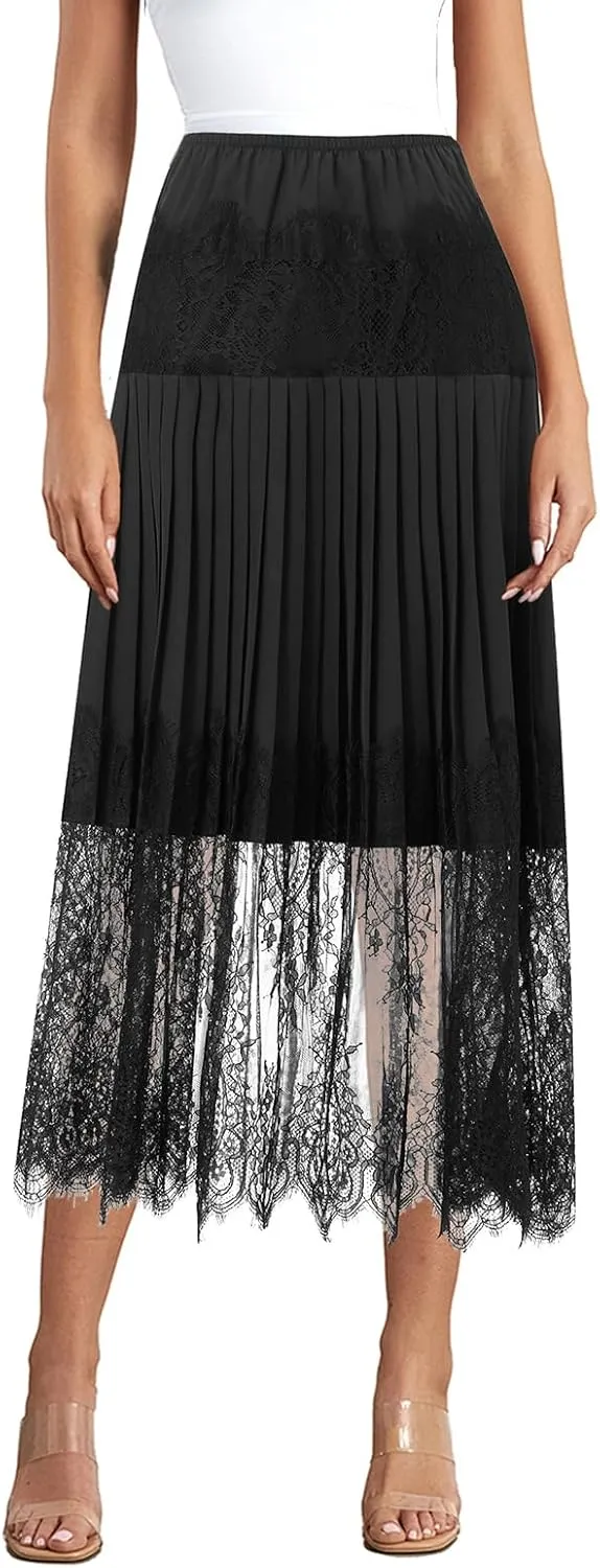 Women Y2k Lace Pleated Skirt Vintage Floral Sheer Elastic A-Line Midi Skirt Going Out Maxi Skirt Beach Vacation Skirt