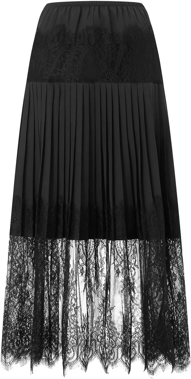 Women Y2k Lace Pleated Skirt Vintage Floral Sheer Elastic A-Line Midi Skirt Going Out Maxi Skirt Beach Vacation Skirt