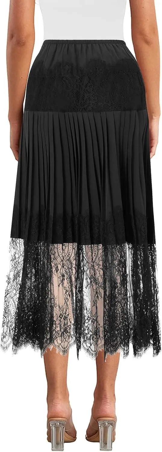 Women Y2k Lace Pleated Skirt Vintage Floral Sheer Elastic A-Line Midi Skirt Going Out Maxi Skirt Beach Vacation Skirt