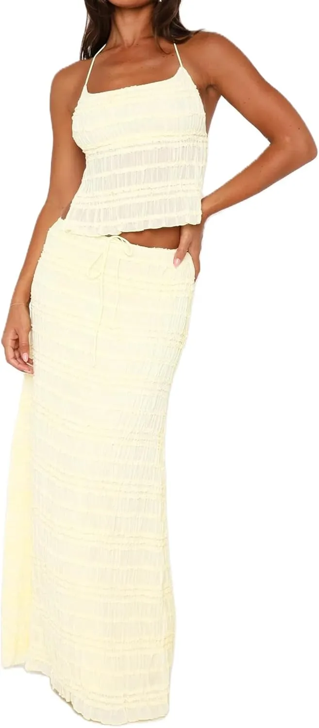 Womens 2 Piece Maxi Skirt Set Shirred Tie-up Halter Neck Open Tulle Tank Tops Drawstring Long Skirt Beachwear