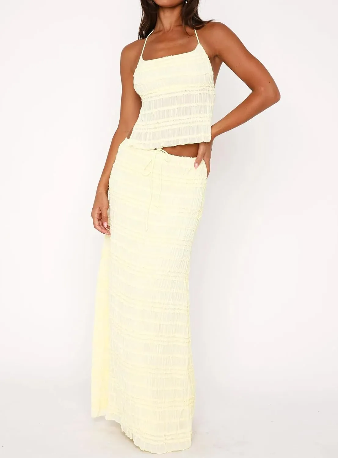 Womens 2 Piece Maxi Skirt Set Shirred Tie-up Halter Neck Open Tulle Tank Tops Drawstring Long Skirt Beachwear