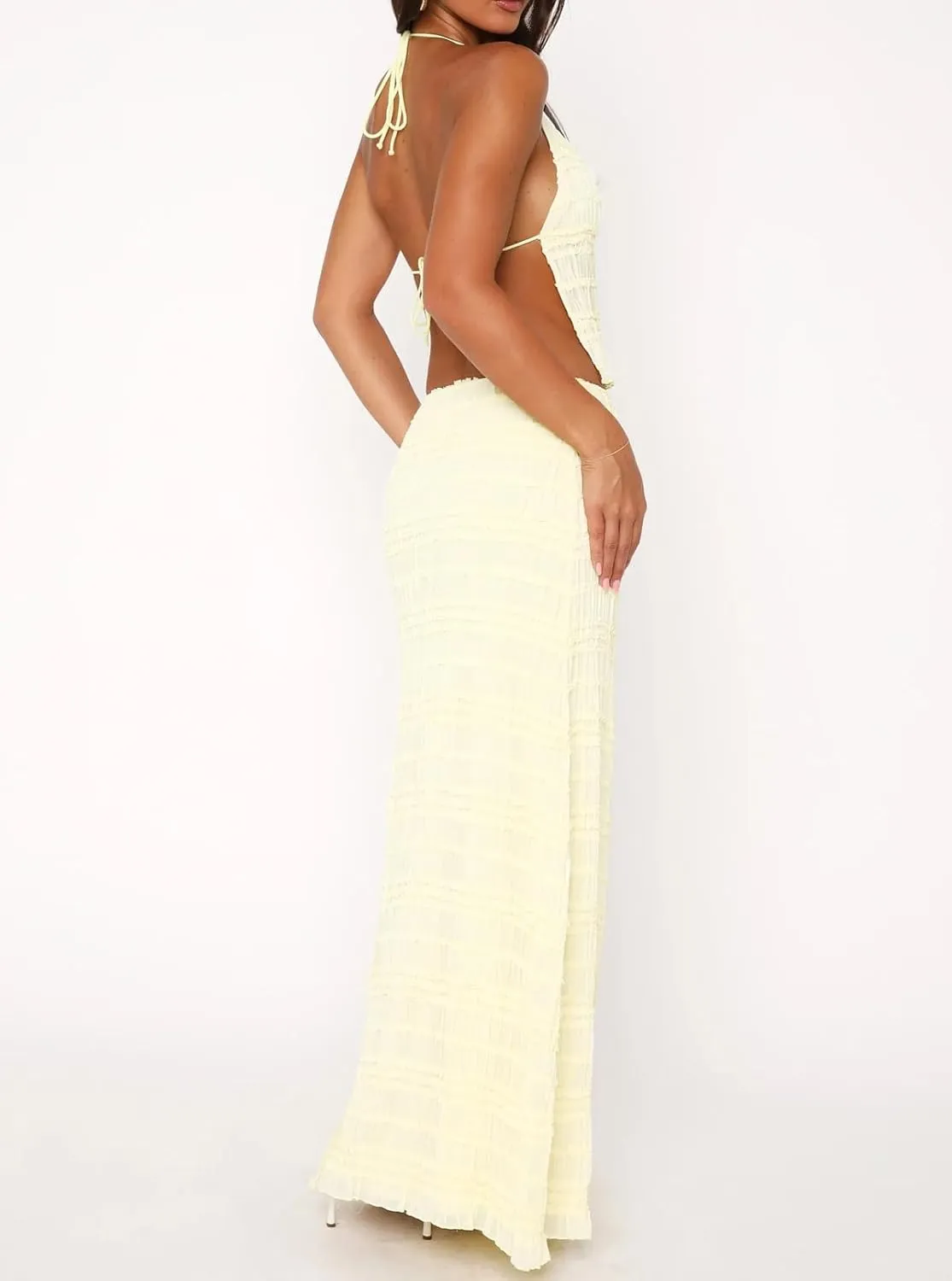 Womens 2 Piece Maxi Skirt Set Shirred Tie-up Halter Neck Open Tulle Tank Tops Drawstring Long Skirt Beachwear