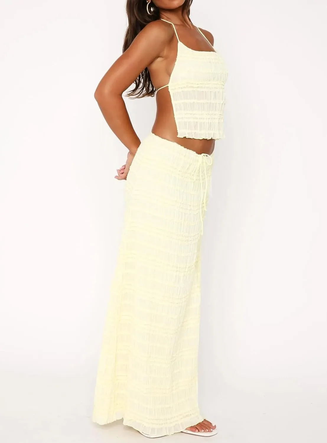 Womens 2 Piece Maxi Skirt Set Shirred Tie-up Halter Neck Open Tulle Tank Tops Drawstring Long Skirt Beachwear