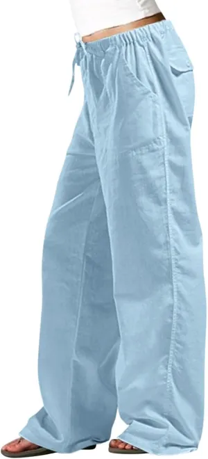 Women's Baggy Casual Cotton Linen Pants Trendy Summer Parachute Pant Loose Fit Straight Leg Trousers with Pockets