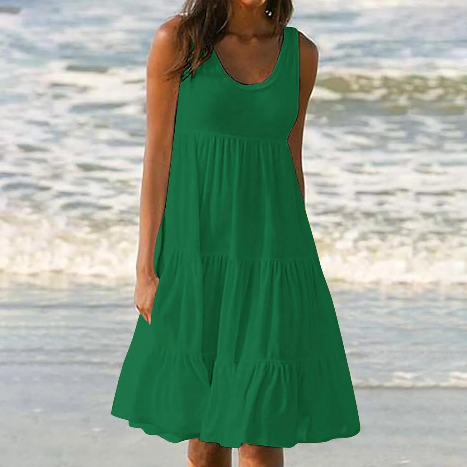 Women's Boho Dresses 2025 Trendy Solid Loose Flowy Swing Casual Sundress Sleeveless Scoop Neck Ruched Beach Dress