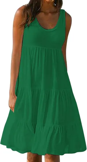 Women's Boho Dresses 2025 Trendy Solid Loose Flowy Swing Casual Sundress Sleeveless Scoop Neck Ruched Beach Dress