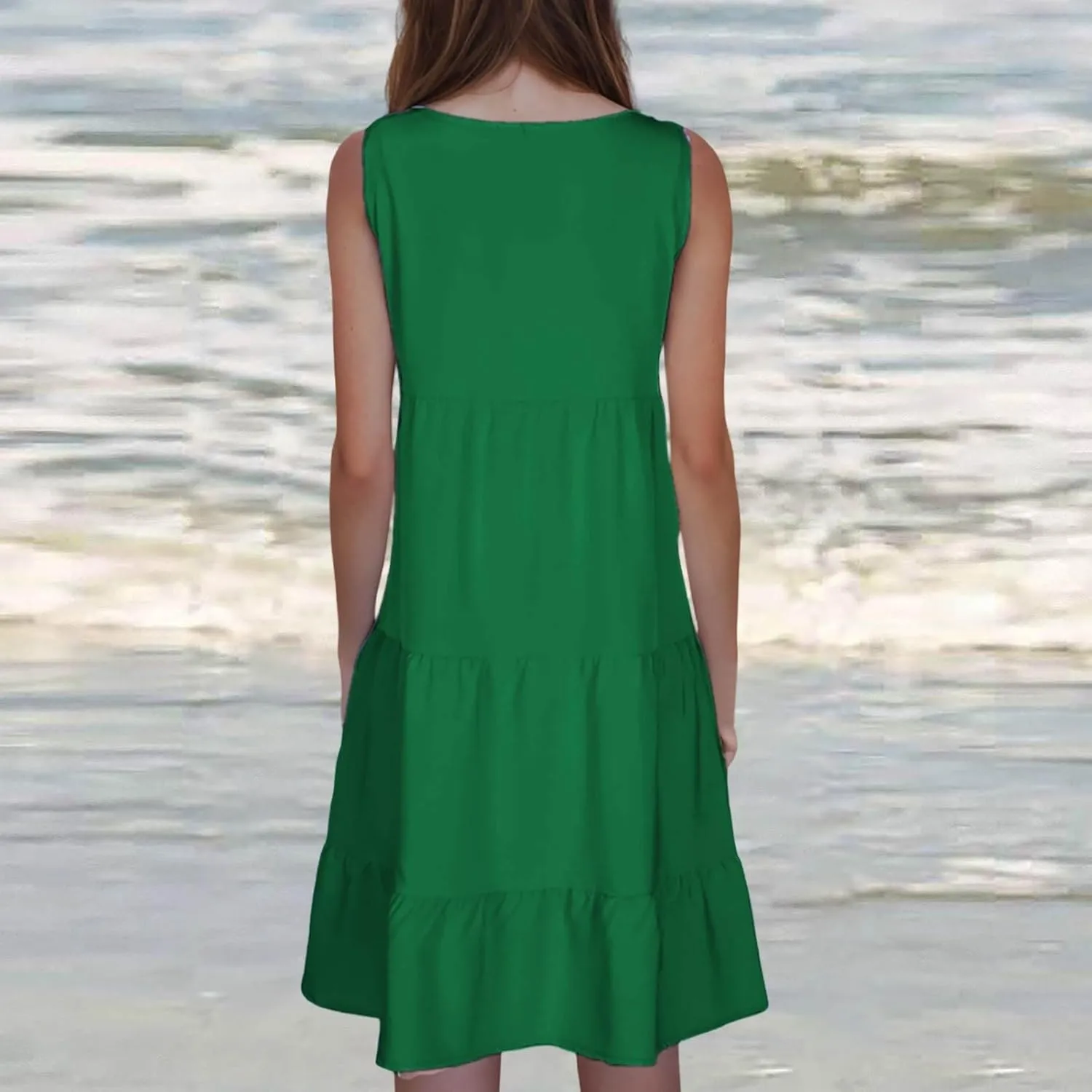 Women's Boho Dresses 2025 Trendy Solid Loose Flowy Swing Casual Sundress Sleeveless Scoop Neck Ruched Beach Dress