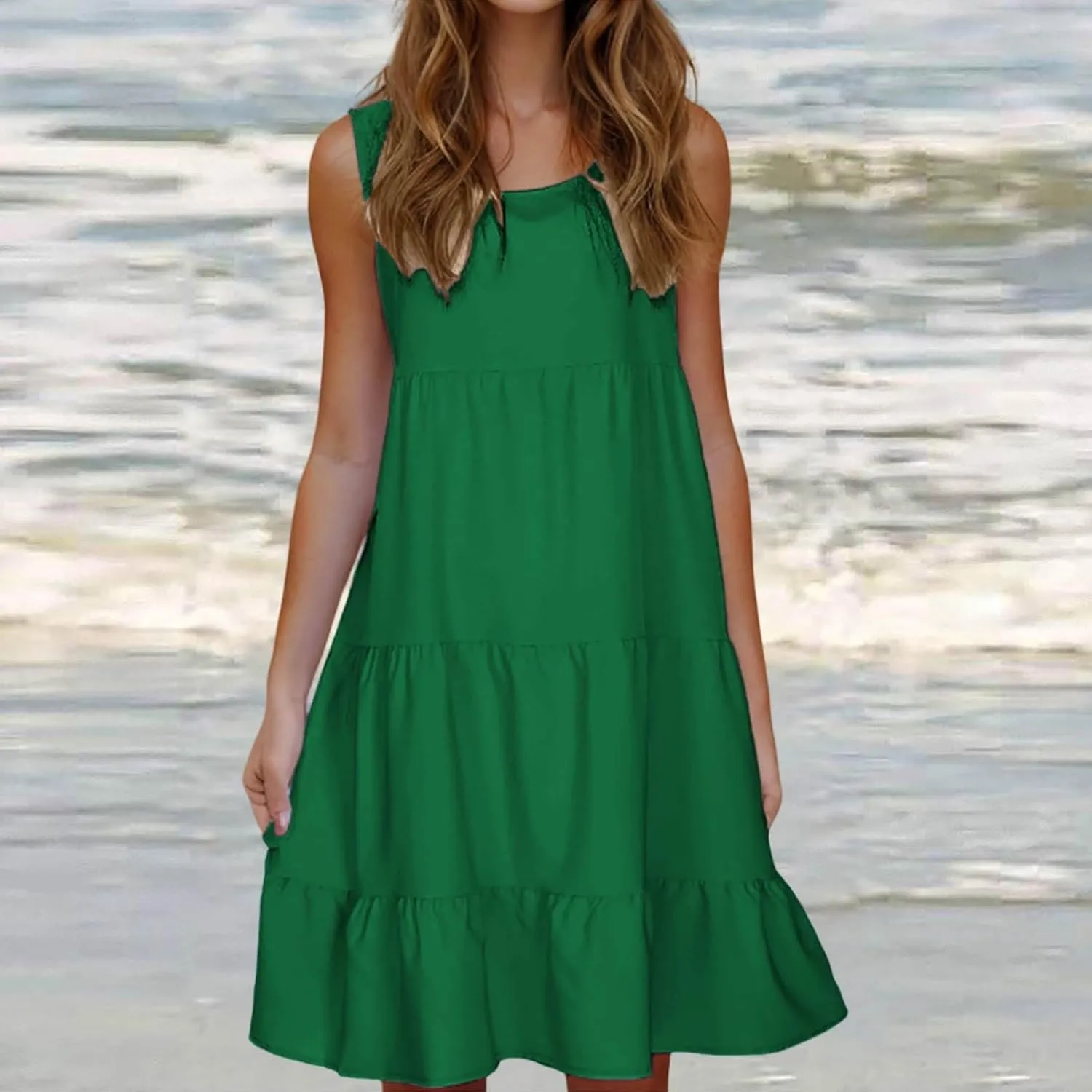 Women's Boho Dresses 2025 Trendy Solid Loose Flowy Swing Casual Sundress Sleeveless Scoop Neck Ruched Beach Dress