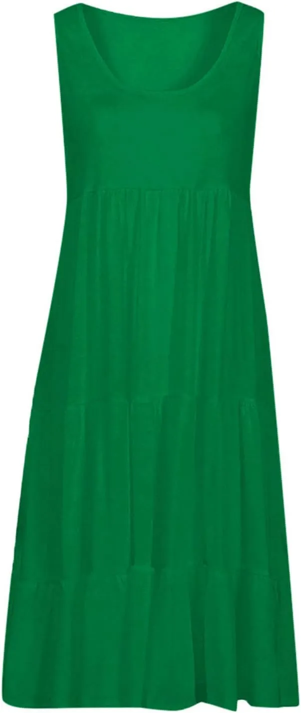 Women's Boho Dresses 2025 Trendy Solid Loose Flowy Swing Casual Sundress Sleeveless Scoop Neck Ruched Beach Dress