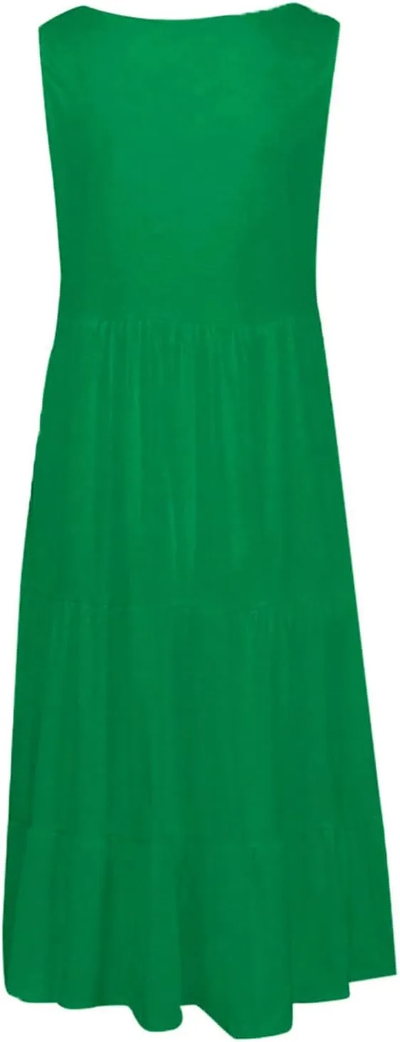 Women's Boho Dresses 2025 Trendy Solid Loose Flowy Swing Casual Sundress Sleeveless Scoop Neck Ruched Beach Dress