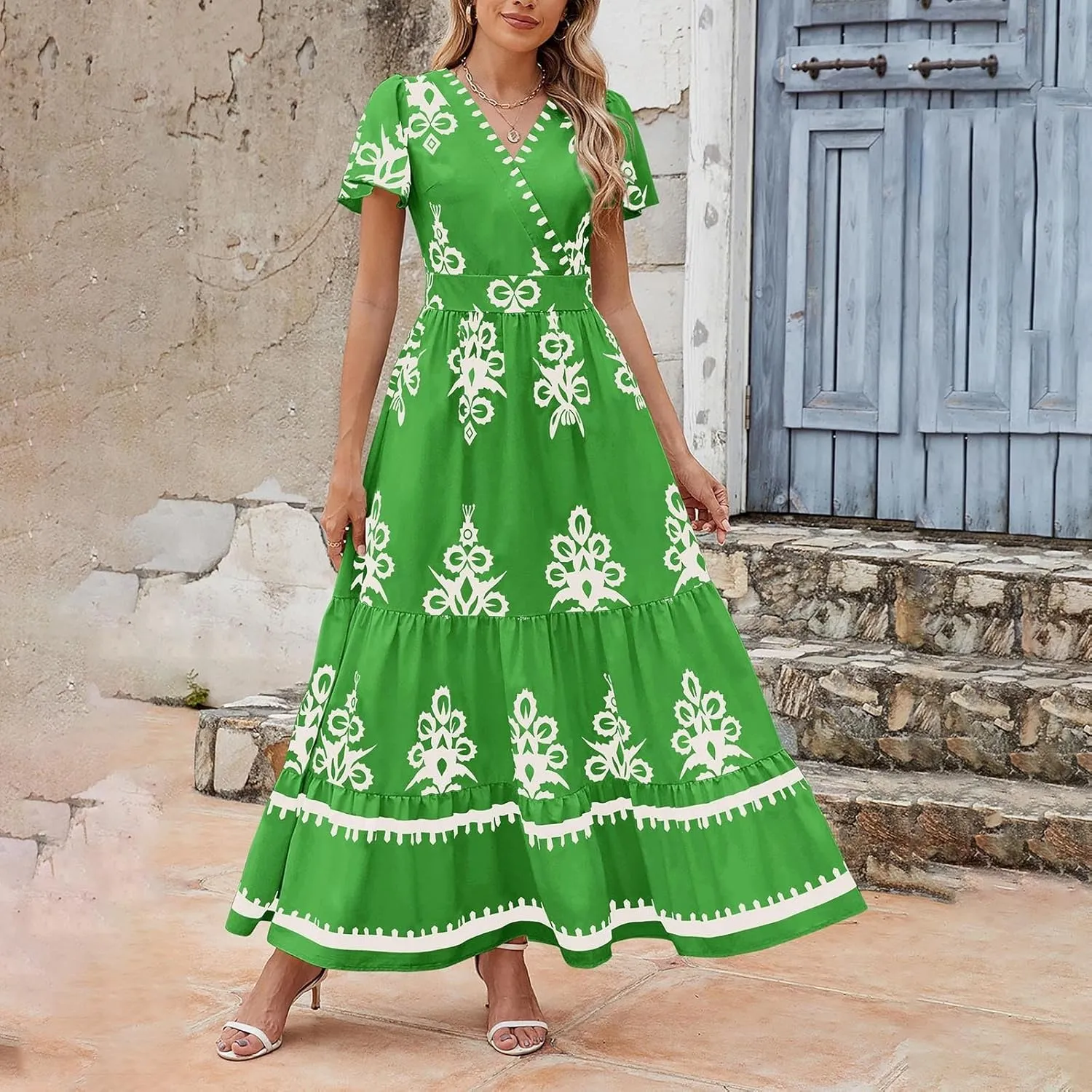 Womens Boho Floral Summer Maxi Dress Casual Aline V Neck Bell Sleeve Tiered Flowy Dresses for Women 2025
